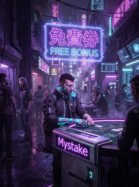 Cyberpunk gambler with glowing augmentations in neon-lit Neo-Tokyo den with FREE BONUS hologram and Mystake branding