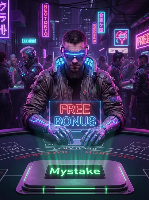 Cyberpunk gambler with glowing cybernetic augmentations in neon-lit Neo-Tokyo gambling den with FREE BONUS hologram and Mysta
