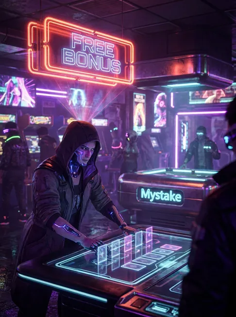 Cyberpunk gambler with glowing cybernetic augmentations in neon-lit Neo-Tokyo gambling den with FREE BONUS hologram and Mysta