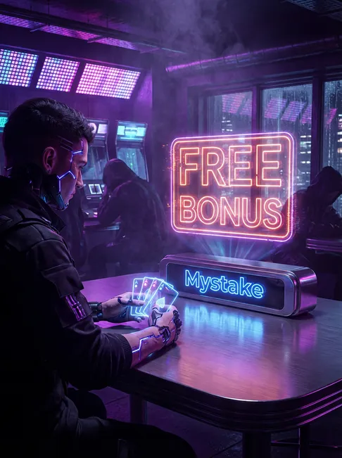 Futuristic cyberpunk gambler with glowing augmentations in neon-lit Neo-Tokyo den with FREE BONUS hologram and Mystake sign