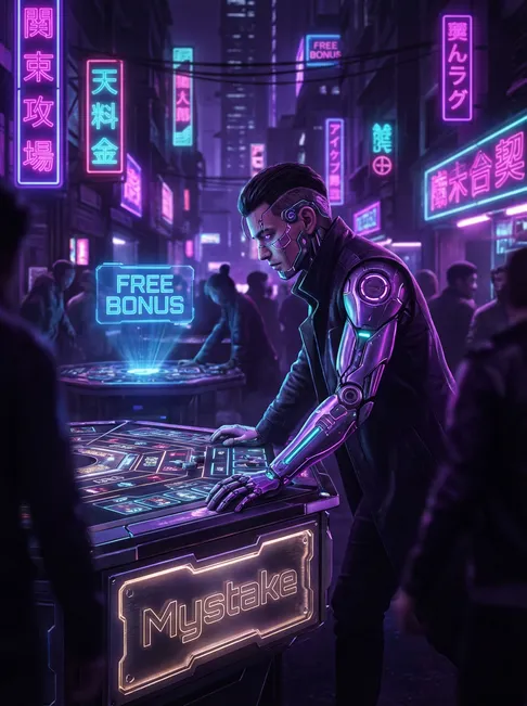 Cyberpunk gambler with glowing augmentations in neon-lit Neo-Tokyo gambling den with FREE BONUS hologram and Mystake sign