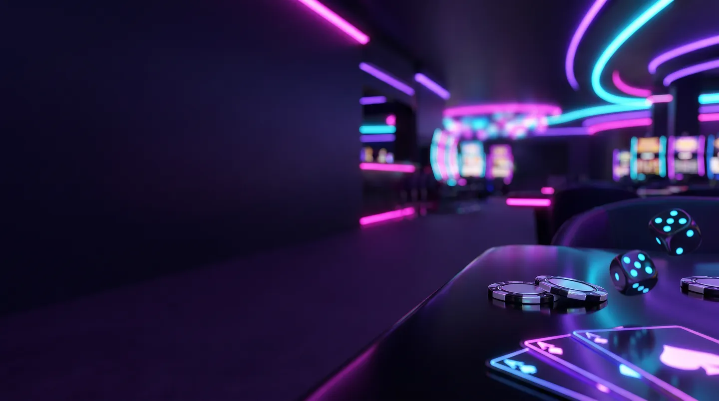 Luxurious dark violet VIP casino scene with glowing chips cards and dice under dramatic neon purple and cyan lighting