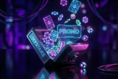 Futuristic cyber-vault bursting open with glowing casino chips, neon cards, dice, and PROMO hologram on dark violet backgroun