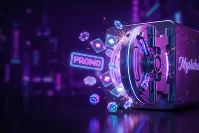 Futuristic cyber-vault bursting open with glowing casino chips, neon cards, dice, and holographic PROMO text on dark violet b