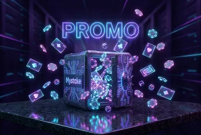 Futuristic cyber-vault bursting open with glowing casino chips, neon cards, dice, and holographic PROMO text on dark violet